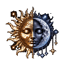 A split face of a golden sun and a blue moon with closed eyes and hanging star charms.