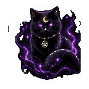 A black cat with glowing purple eyes and a gold crescent moon on its forehead sits inside a swirling purple magical aura.