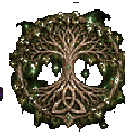 Tree of life emblem with a brown gnarled trunk and glowing green leaves arranged in a circular pattern.