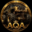 A monster truck centered inside a golden circular emblem with a crown above the letters AQA.