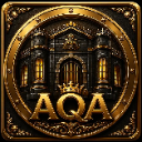 AQA letters in gold font centered inside a dark, circular, crown-topped architectural emblem.