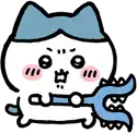 A cute white creature with blue ears and pink cheeks holding a blue trident with a fierce, determined expression.