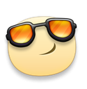 A yellow circular face wearing black-framed sunglasses with orange lenses and a subtle, confident smirk.
