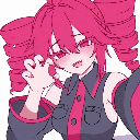 Anime girl with pink hair and a mischievous grin making a claw gesture with her hands.