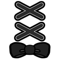 A dark bow tie with two stitched X marks above it on a black background.