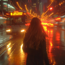 A person with long hair walks away from the camera on a wet city street at night with blurred orange and red lights.