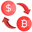 A dollar sign and a bitcoin symbol rotating with arrows in a red flat design.