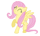 Fluttershy the yellow pegasus pony with a pink mane dancing happily in a pixel art style.