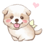 A repeating pattern of a cute puppy with blushing cheeks, a yellow bow, and a small pink heart above its head.