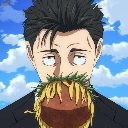An anime man with a deadpan expression eating a clump of grass against a blue sky background.
