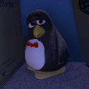 A 3D penguin with a tired, unimpressed expression and a small red bow tie.