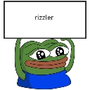 Pepe the frog character with wide, sparkling eyes holding a white sign that says rizzler.