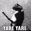 A cat standing on two legs holding a sword with the text YARE YARE below it.