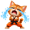 A small orange kitten wearing a black belt martial arts uniform crying with large blue tears streaming down its face.