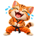 A cute orange tabby kitten wearing a martial arts gi, laughing with tears of joy streaming from its eyes.