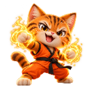 A tiger-striped kitten in an orange martial arts gi striking a fighting pose with glowing yellow flames around its paws.