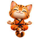 A cute orange tabby kitten with closed eyes sitting in a lotus position while wearing a black and orange martial arts unifor…