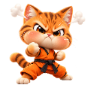 A fluffy orange kitten with a furious expression wearing an orange martial arts uniform and black belt, throwing a punch.