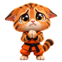 A small orange tabby kitten wearing a karate gi with a black belt, holding its paws together in a pleading gesture with larg…