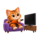 A cute tiger cub in a robe sits on a purple armchair holding a remote while watching a glowing neon star on a television s...