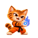 An orange tabby cat wearing a martial arts gi performs a series of actions including gathering blue energy, firing a blast...