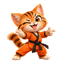 An orange tabby kitten wearing a black belt karate gi performs various martial arts and breakdancing poses.