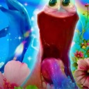 A surreal creature with a wide-open mouth and a rainbow-colored tongue, with a dolphin and pink flowers in the background.