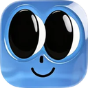 A glossy blue character with large black eyes and a small, simple smile.