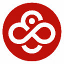 A white infinity-like looping shape centered inside a solid red circle.