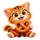 A cute tiger cub in a martial arts gi happily eating a large pretzel in four stages of snacking.