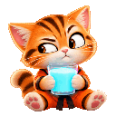 An orange tabby kitten holding a glass of glowing blue milk and sticking its tongue out happily.