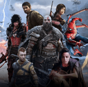 Kratos and other video game heroes stand together in a dramatic, dark-themed group portrait.
