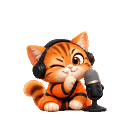 A cute orange tiger kitten wearing black headphones speaks into a microphone while winking.