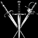 Three silver swords crossed against a black background.