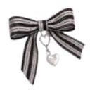 A black and white striped ribbon bow with a small silver heart charm hanging from the center.