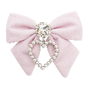 A light pink fabric bow featuring a silver heart charm encrusted with small white pearls or crystals.