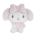 My Melody rabbit plushie with a large bow holding a pink heart.