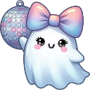 A cute white ghost with a pastel bow and rosy cheeks waves next to a sparkling disco ball.
