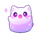 A small, glowing purple creature with large eyes and a happy expression, surrounded by sparkles.
