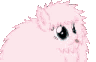A fluffy pink creature with large dark eyes looking around with a curious and innocent expression.