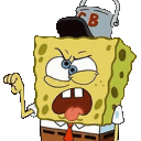 A cartoon sponge with a bucket on its head making a mocking hand gesture with its tongue out.