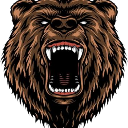 Bear roaring with mouth wide open showing sharp teeth.