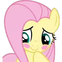 A yellow pony with pink hair looking down with a shy, blushing expression.