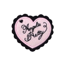 Heart-shaped patch in light pink with a black scalloped border and black cursive text.