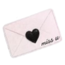 A pink envelope sealed with a black heart and the text miss u written in cursive.