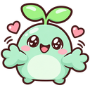 A small green sprout character with a happy face and pink cheeks reaching out for a hug with two pink hearts floating nearby.