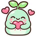 A cute green sprout character smiling while holding a pink heart with two floating hearts on either side.