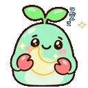 A small green creature with a plant on its head sleeping while holding a yellow crescent moon.