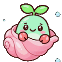 A small green creature with a sprout on its head smiles while sitting inside a pink seashell.