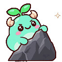A cute teal creature with horns and a sprout on its head climbing over a grey rock.